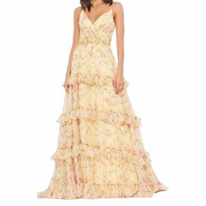 NEW Mac Duggal 67794 Yellow‎ Floral Beaded Tiered Chiffon Maxi Dress 16